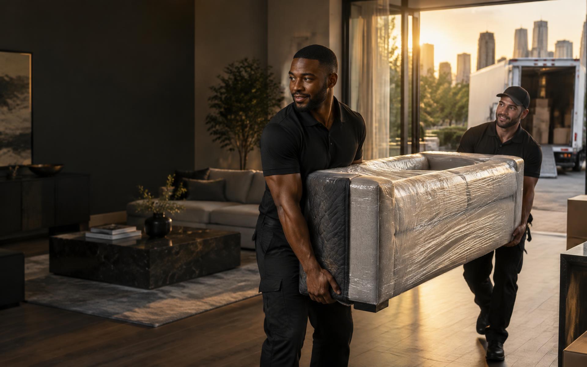 Professional movers carrying a carefully wrapped sofa