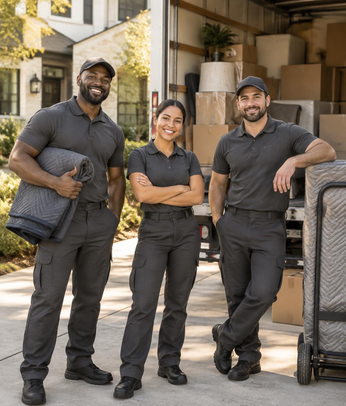A friendly three-person professional moving crew